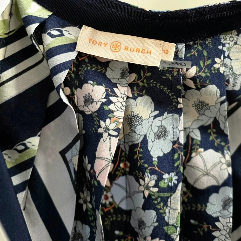 Tory Burch Navy, Burgundy, Green & Lilac Striped Floral Circle Skirt